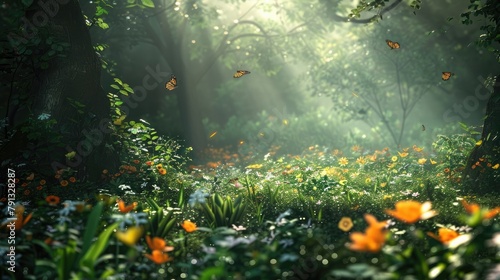 A tranquil forest glade carpeted with vibrant wildflowers  bathed in the soft glow of sunlight filtering through the canopy above  with butterflies flitting among the blooms.