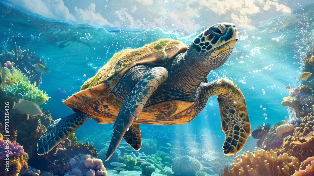 Fototapeta premium World Oceans Day, Day of Water. Dolphin a Guardians of the Sea, Ocean Conservation and Protection, Stop Ocean Plastic pollution, Underwater Ecosystem