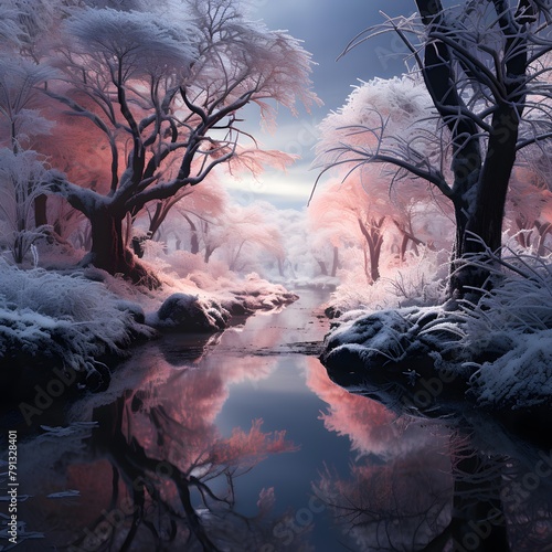 Beautiful winter landscape with frozen trees and river. 3d rendering