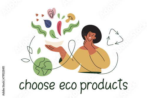 Sustainable food poster, vector illustration of woman eating eco friendly products, mussels, mushroom and buckwheat icons, go green composition, choose sustainability lifestyle, ecology concept