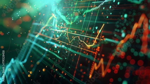 dynamic and colorful display of a stock market chart with fluctuating graphs and data points. 