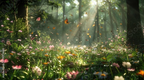 A tranquil forest glade carpeted with vibrant wildflowers, bathed in the soft glow of sunlight filtering through the canopy above, with butterflies flitting among the blooms. photo