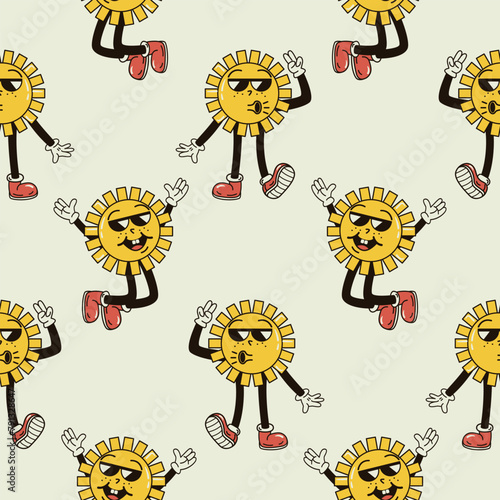 A seamless pattern with funny, cute and smiling sun character in a groovy style vector illustration