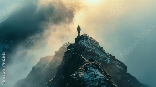 A person standing confidently on a mountain symbolizing the limitless potential of synthetic biology in aiding human progress and achievement. . photo