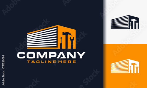 simple logo building apartment warehouse vector, with building, hammer, wrench, screwdriver, garage icons