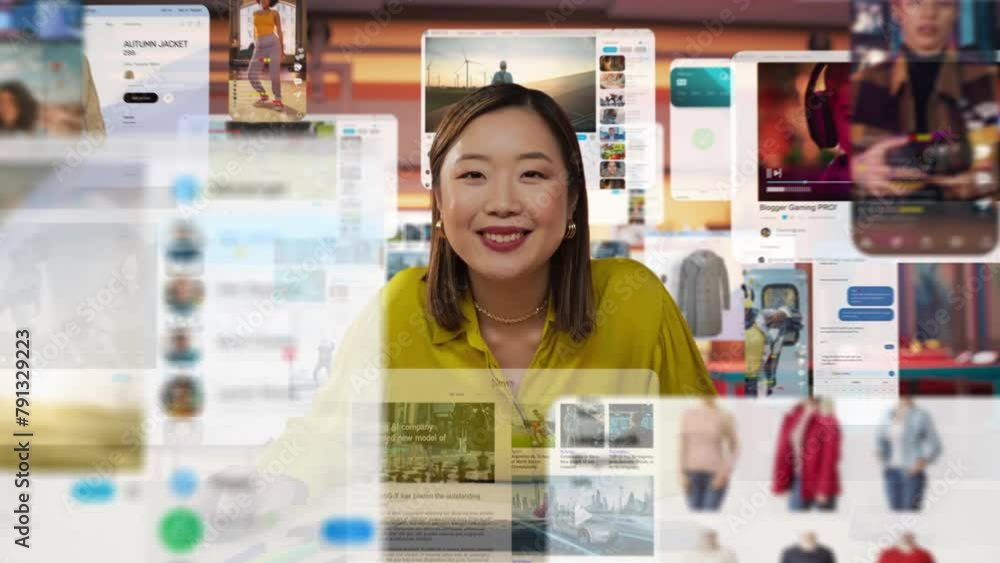 Asian Woman Engages with Future Technology as She Interacts with a Dynamic Array of Floating Digital Screens Displaying News, Social Media, and Lifestyle Content in a Bright, Modern Workspace