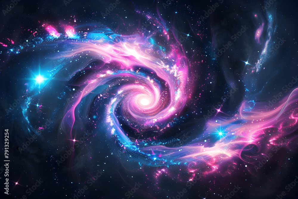 Vibrant neon spiral galaxy with pink and blue glowing stars. Abstract art on black background.