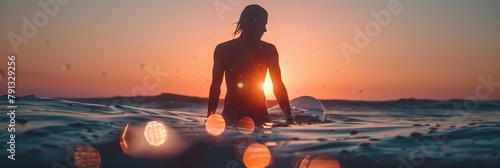 Surfer immersed in majestic ocean waves on board, embracing grandeur against the horizon photo