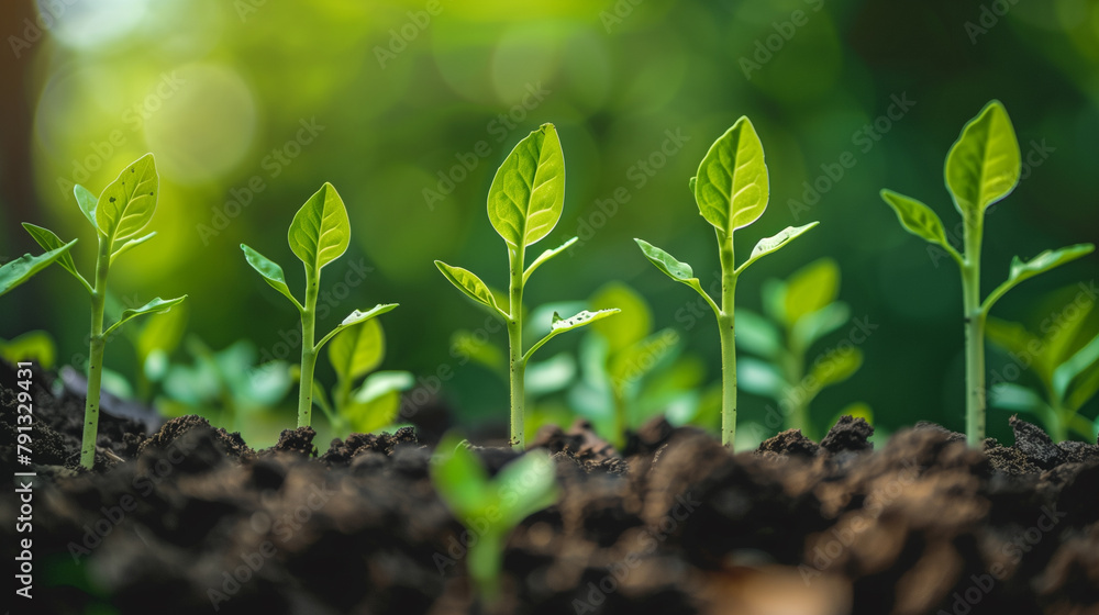 Row of Young Green Plants Emerging from Fertile Soil with Sunlight Row of Young Green Plants Emerging from Fertile Soil with Sunlight