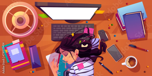 Tired woman sleep at office computer desk vector. Exhausted, stress and fatigue girl worker with low motivation. Messy student table and burnout female character. Overtime and lack energy lady © klyaksun
