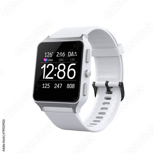 wrist smart watch mockup with white strap, png file of isolated cutout object with shadow on transparent background.