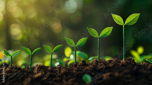 Row of Young Green Plants Emerging from Fertile Soil with Sunlight