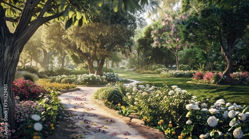 A tranquil garden oasis with winding pathways  blooming flowers  and shady trees  where visitors stroll and relax amidst the beauty of nature  finding respite from the hustle and bustle of urban life.