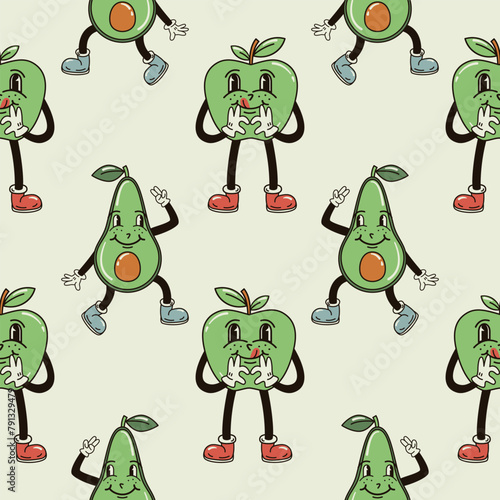 A seamless pattern with funny, cute and smiling apple and avocado character in a groovy style