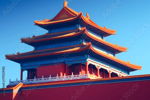 Chinese ancient architecture on blue sky background  closeup of photo.