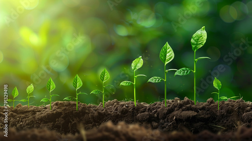 Row of Young Green Plants Emerging from Fertile Soil with Sunlight