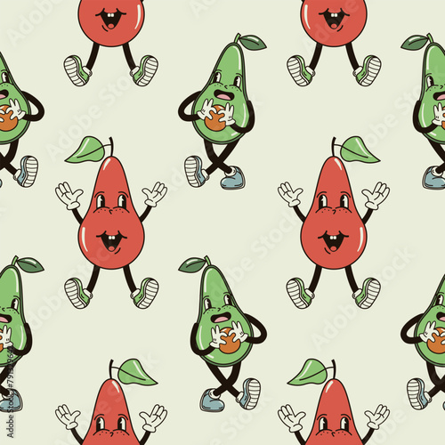 A seamless pattern with funny, cute and smiling pear and avocado character in a groovy style vector illustration