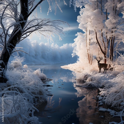 Beautiful winter landscape with frozen river, trees and reindeer