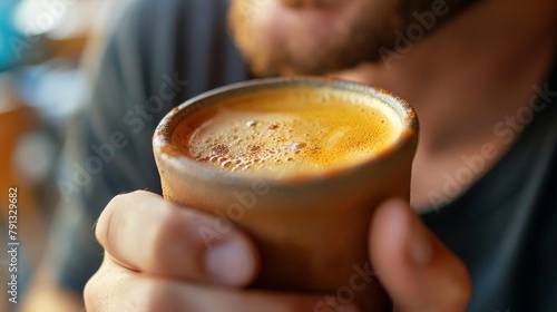 A man enjoying a cup of bulletproof coffee biohacking his morning routine for sustained energy while still following principles of intuitive eating. . photo