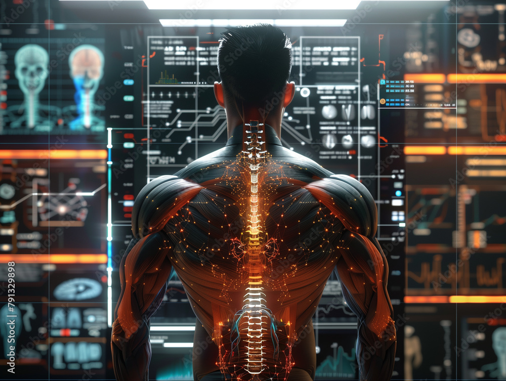 Human Anatomy with Glowing Digital Spine in a Futuristic Interface Environment Human Anatomy with Glowing Digital Spine in a Futuristic Interface Environment