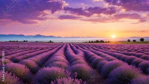 Sunset and lines on a lavender field. Gorgeous fragrant lavender flowers blossoming at dusk