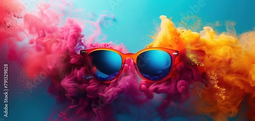 Energetic bursts of color surrounding trendy sunglasses