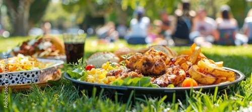 Picnic basket brimming with delicious food on lush park lawn, perfect for outdoor dining