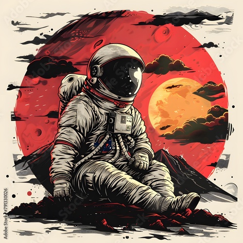 chromolithographic illustration, t-shirt design, astronaut, circular background, isolated on white background photo