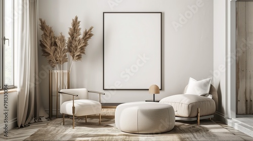 Mockup photo of a large poster in a minimalist urban contemporary sparse living room