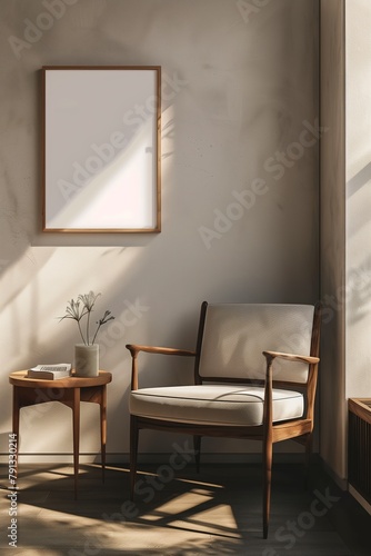Mockup photo of a large poster in a minimalist urban contemporary sparse living room © LaxmiOwl