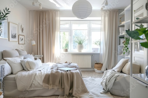Scandinavian style small studio apartment with stylish design in light pastel colors with big window, living room, kitchen space and bed.