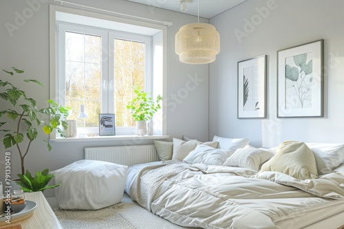 Scandinavian style small studio apartment with stylish design in light pastel colors with big window, living room, kitchen space and bed. © sania