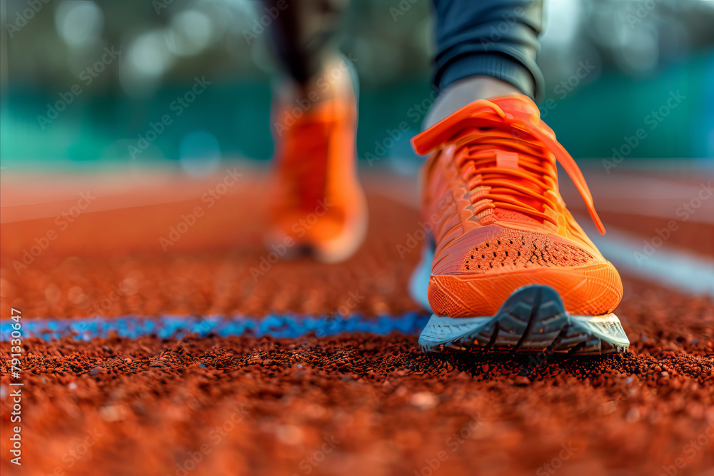 Close up of an athletes sports shoes running on a sports track on sunny day Close up of an athletes sports shoes running on a sports track on sunny day