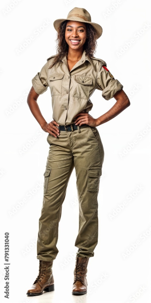 african american army woman wearing safari outfit on white background african american army woman wearing safari outfit on white background