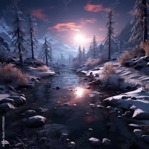 Winter landscape with river and forest at sunset. 3D rendering.