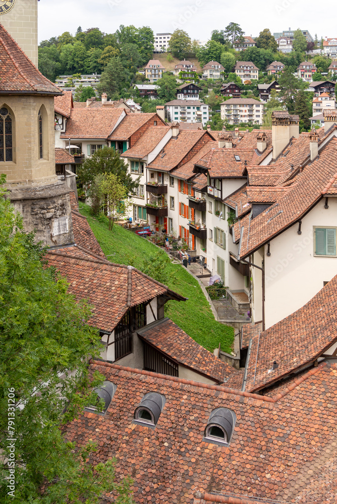 Close up of traditional tiled roofs of houses in the old city, Bern, Switzerland, 15 Aug 2022