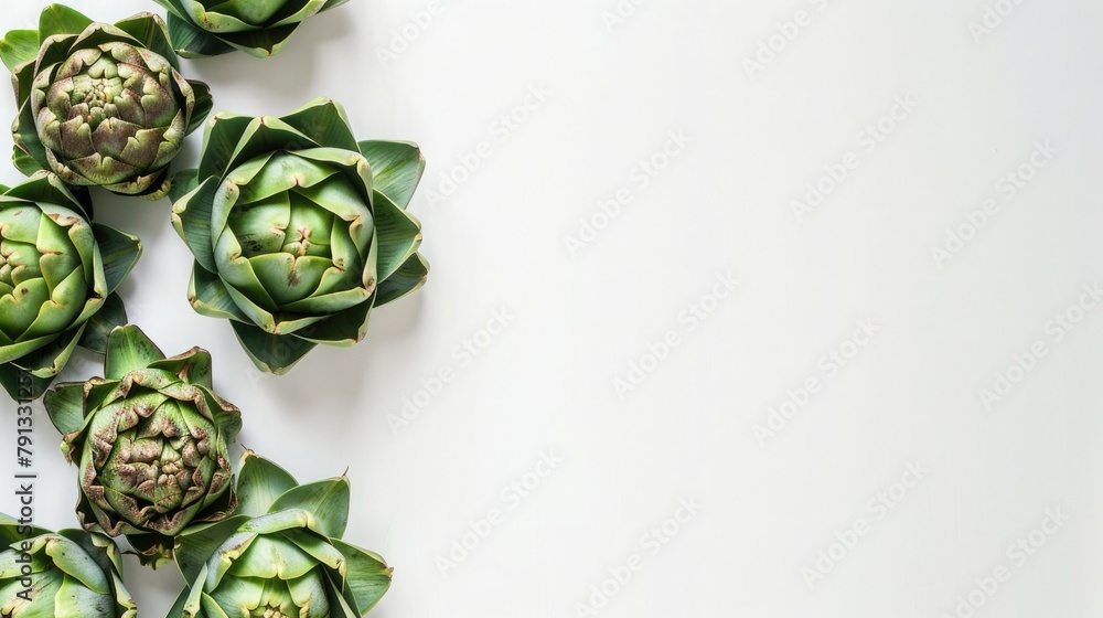 Fototapeta premium Artichokes on white background with copy space, top view