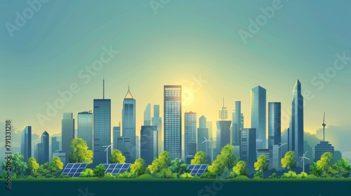 Cityscape with solar panels and wind turbines