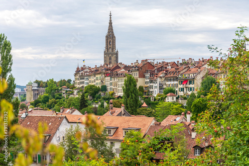 Panoramic view of historical places of Bern in a beautiful summer day, Switzerland