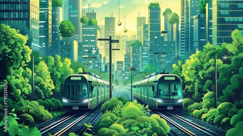 A digital painting of a futuristic city with green trees and plants growing everywhere and a train passing through the middle.