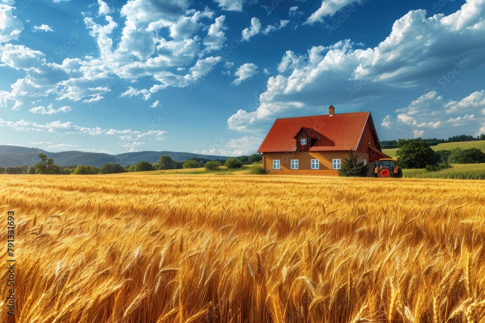 A sunny rural scene with a farmhouse nestled among vast fields of golden wheat. A sunny rural scene with a farmhouse nestled among vast fields of golden wheat.