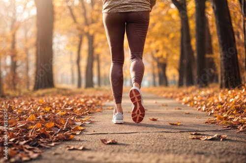 Young woman running in autumn park. Healthy lifestyle and fitness concept.