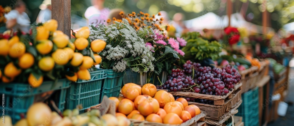 Shoppers peruse a vibrant farmers market filled with stalls of fresh organic produce.