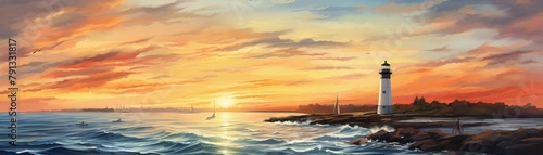 Nautical dawn  serene watercolor portrayal of a lighthouse with the sunrise in the background  peaceful ocean view   close up  hyperrealistic  super-detailed