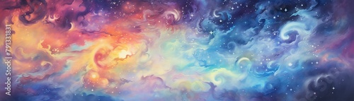 Pastel watercolor swirls depicting a galaxy, with sparkles leading to a discreet UFO sighting , up32K HD photo