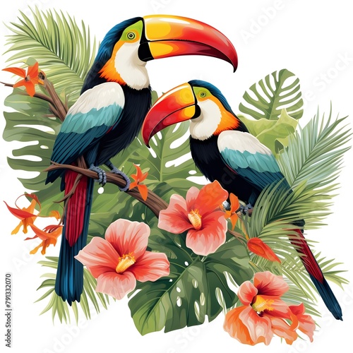 Tropical Toucan Paradise: Playful toucans in a tropical paradise setting