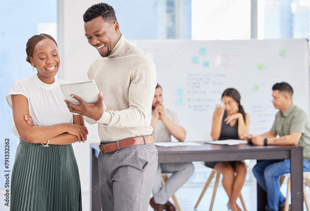 Obraz premium Man, woman and tablet for planning presentation with smile for teamwork, discussion and proposal. Business partnership, touchscreen and ready to pitch for capital, investment and ideas for startup