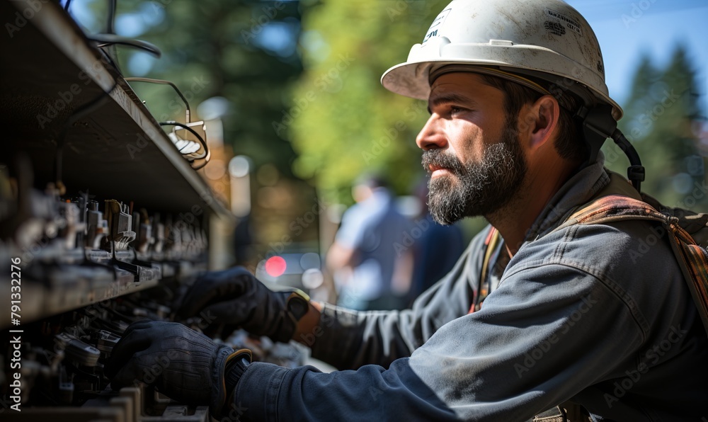 Man Wearing Hard Hat Working on Machine Man Wearing Hard Hat Working on Machine