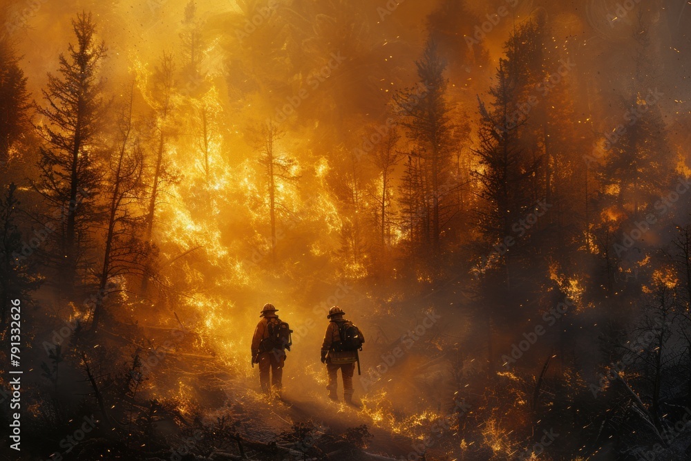 Fototapeta premium Two people walking through a forest filled with fire. Generative AI