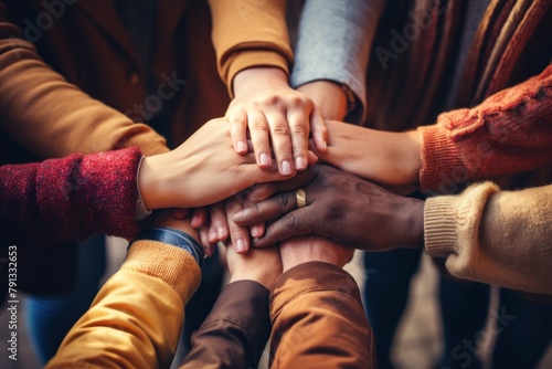 Group of friends putting their hands together. Generative AI